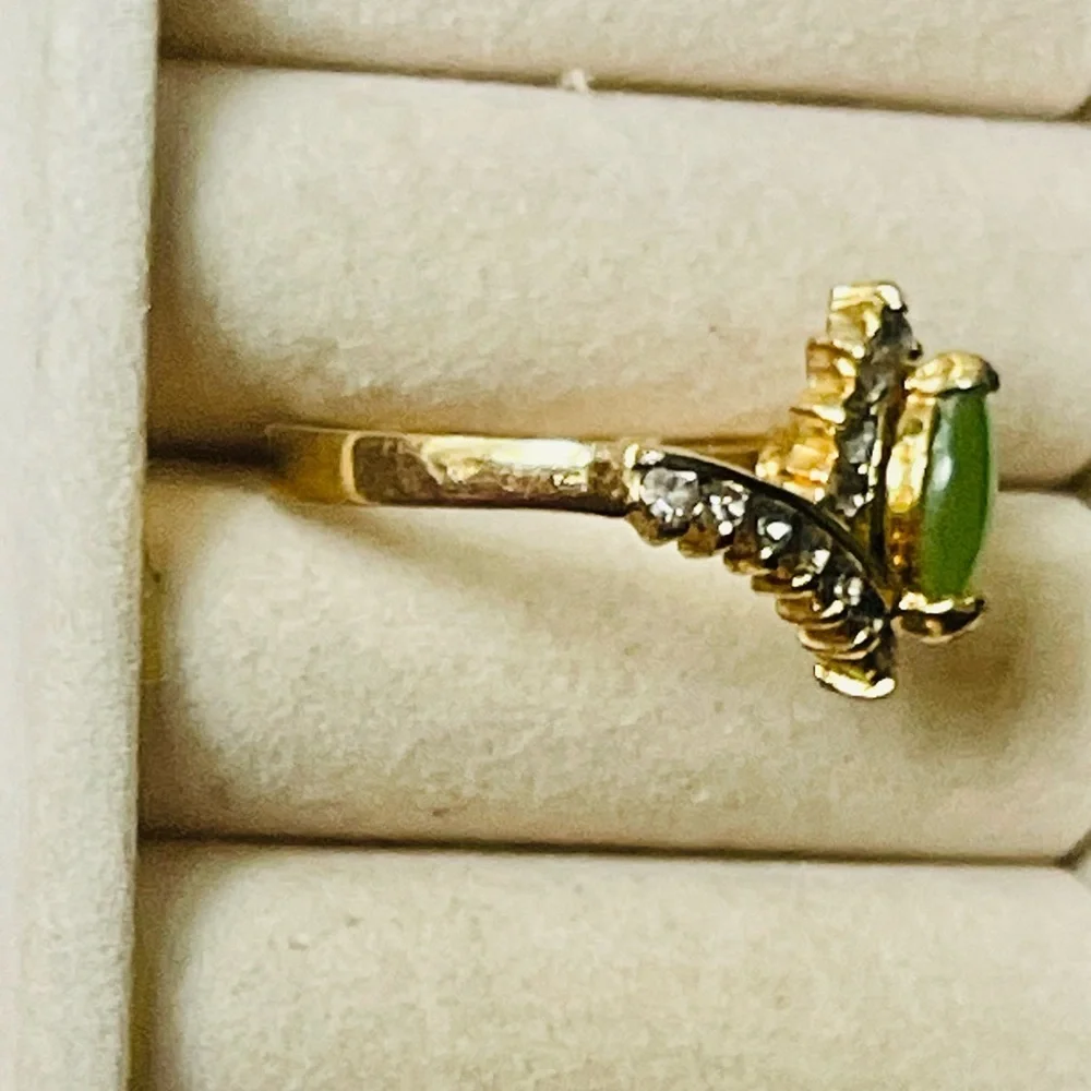 VTG 18k Gold Filled & CZ Stones Jade Cocktail Ring Sz 8.75 Yellow Gold